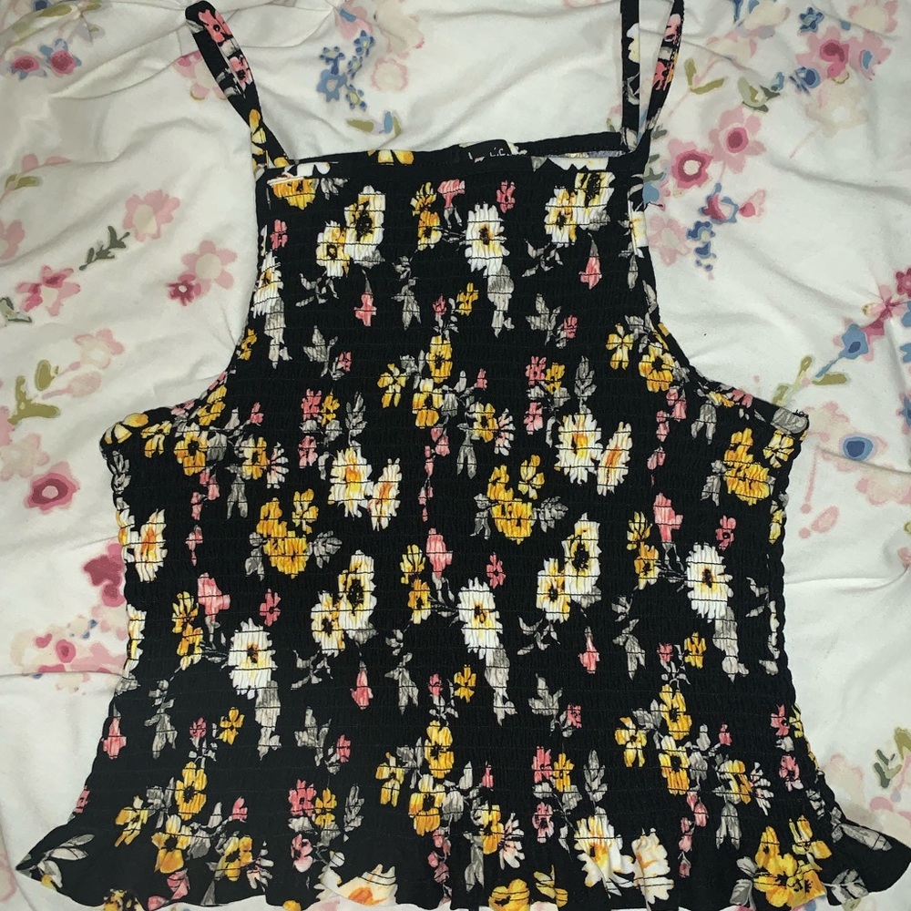Black Floral Ribbed Crop Top